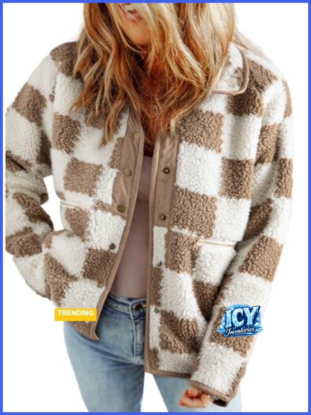Women's Sherpa Plaid Button Down Winter Coat with Pockets